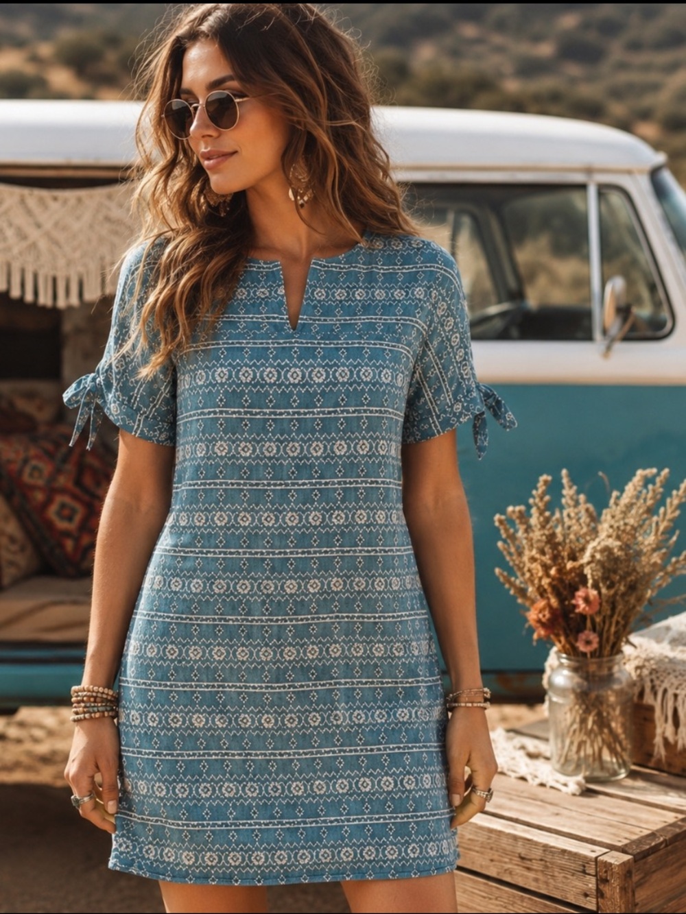 Madewell Blue White Boho Retro 60’s Inspired Hippie Mini Dress W/Pockets Size XS
